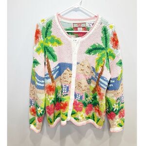 Cardigan bay hand knit tropical floral palm tree sweater